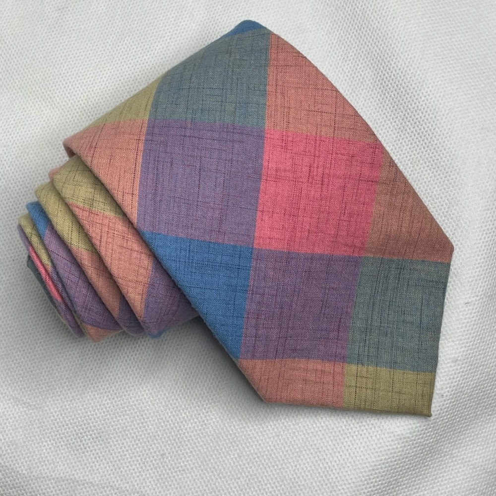 Vintage Rooster Plaid Pastels 100% Cotton Slub Tie Pink Blue Designer Necktie